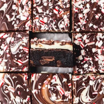 close up of peppermint bark brownies.