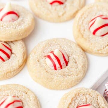 close up of peppermint kiss cookies.