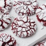 close up of red velvet crinkle cookies.