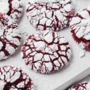 close up of red velvet crinkle cookies.