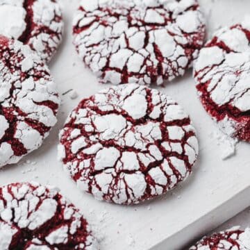 close up of red velvet crinkle cookies.