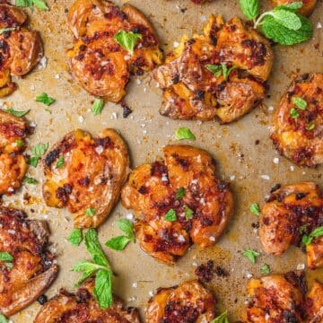 close up of harissa smashed potatoes.
