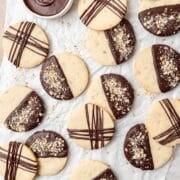 close up of chocolate almond shortbread cookies.