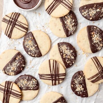 close up of chocolate almond shortbread cookies.