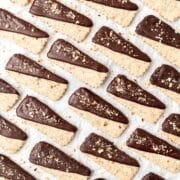 close up of brown butter chocolate hazelnut shortbread cookies.
