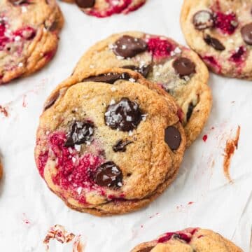 close up of chocolate chip raspberry cookies.
