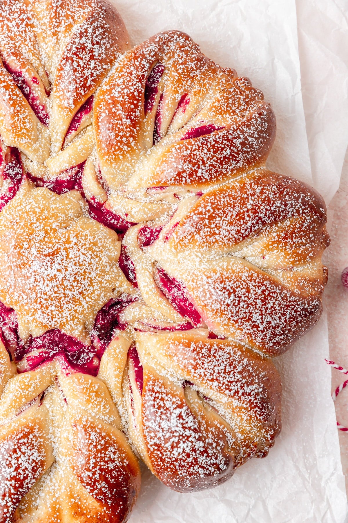 super close up shot of cranberry star bread.