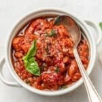 close up of bowl of tuscan bread soup (pappa al pomodoro).