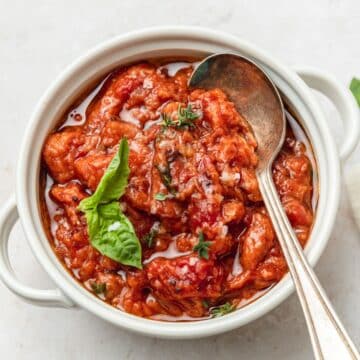 close up of bowl of tuscan bread soup (pappa al pomodoro).