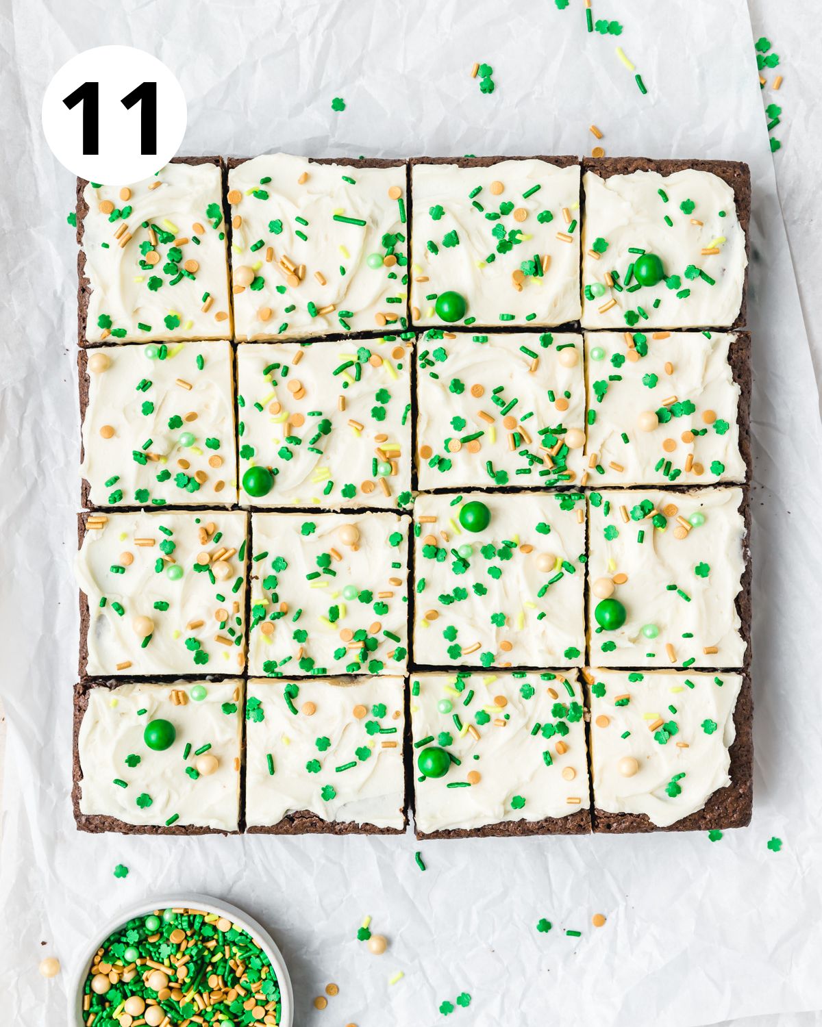 irish cream brownies topped with st patricks day sprinkles.