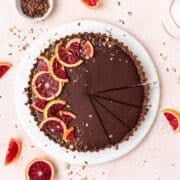 close up of blood orange chocolate tart.