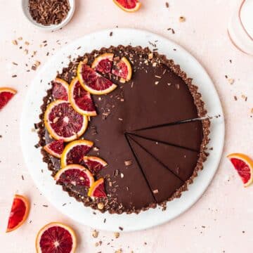 close up of blood orange chocolate tart.