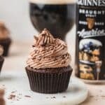 close up of guinness chocolate cupcakes with stout buttercream.