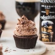 close up of guinness chocolate cupcakes with stout buttercream.