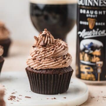 close up of guinness chocolate cupcakes with stout buttercream.
