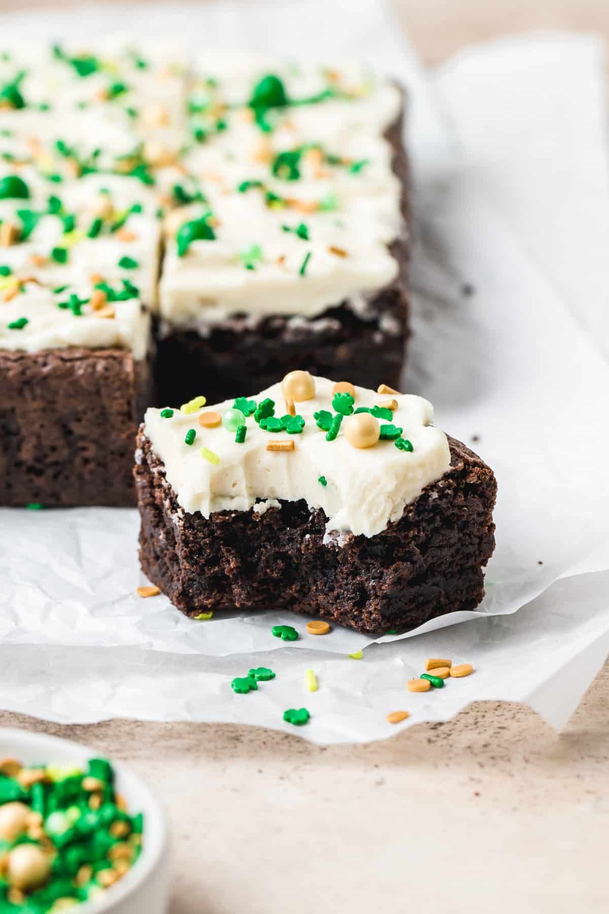 bailey's irish cream brownie with bite taken out.