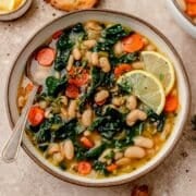 close up of kale white bean soup.