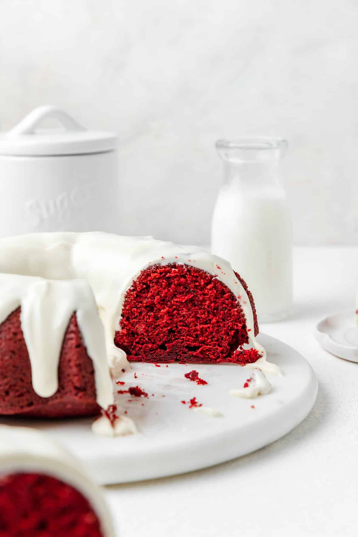 sliced red velvet bundt cake.
