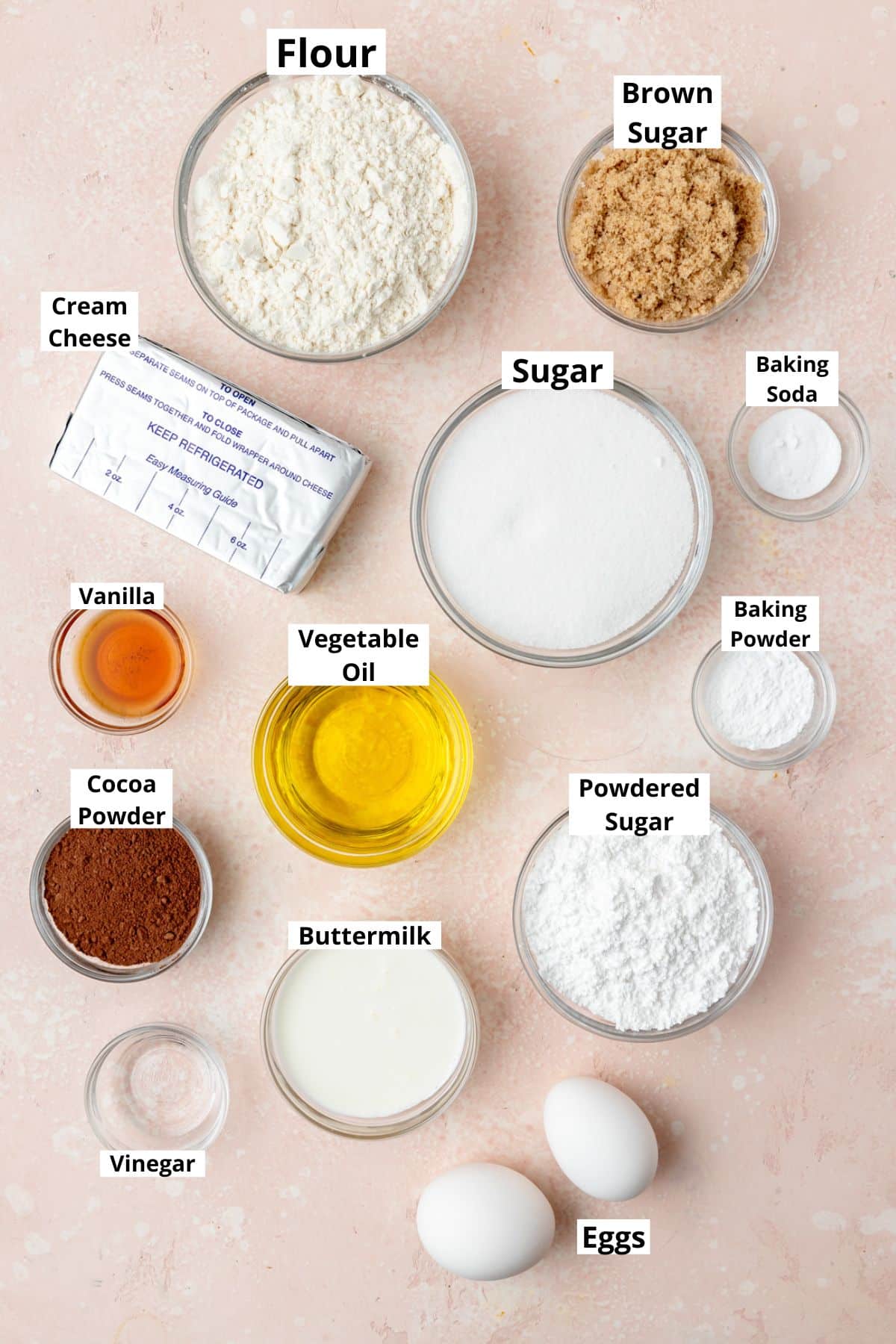 labeled ingredients for red velvet bundt cake.