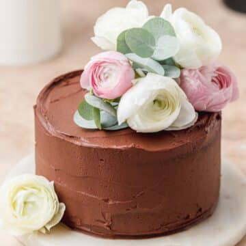 close up of red wine chocolate cake.