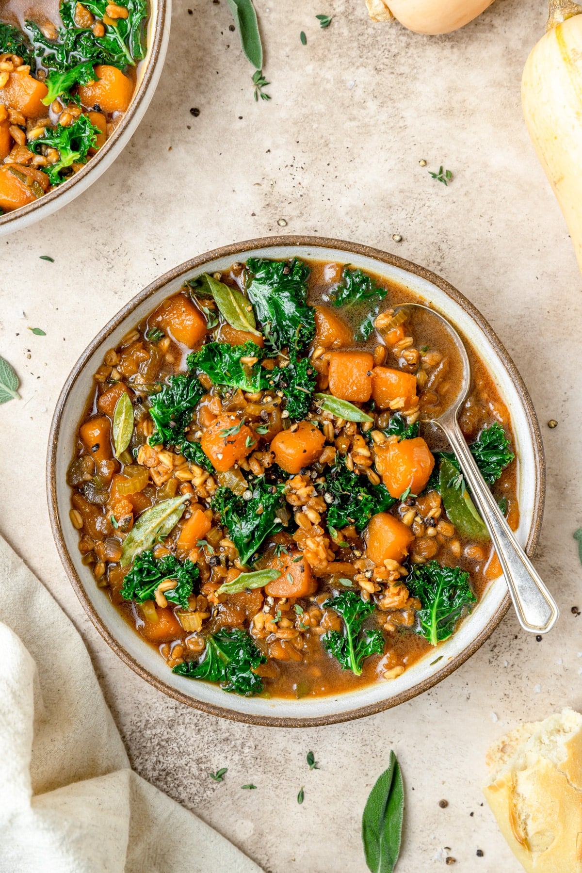 soup with butternut squash, pearl, barley, and kale.