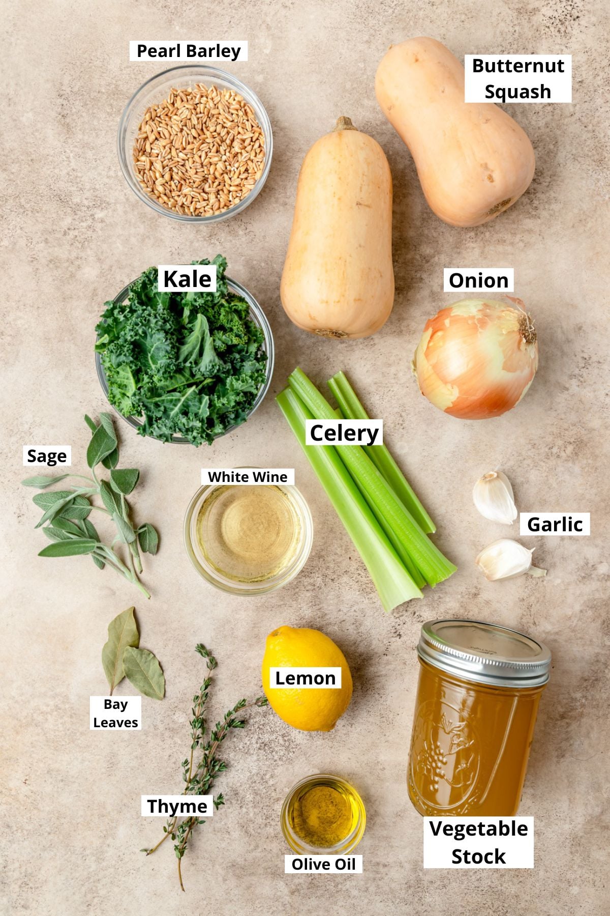 labeled ingredients for butternut barley and kale soup.