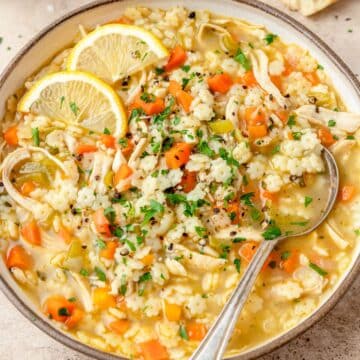 close up of chicken pastina soup.