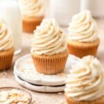 close up of brown butter almond cupcakes.