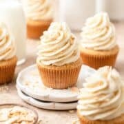 close up of brown butter almond cupcakes.