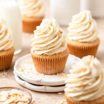 close up of brown butter almond cupcakes.