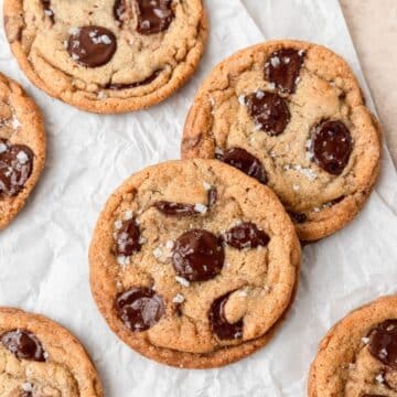 close up of brown butter chocolate chip cookies with toffee pieces.