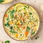 close up of lemon chicken orzo soup.