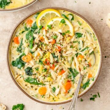 close up of lemon chicken orzo soup.