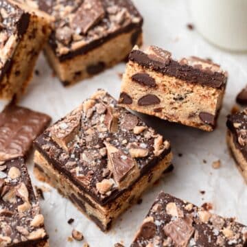 chocolate toffee blondies wit heath bar pieces.