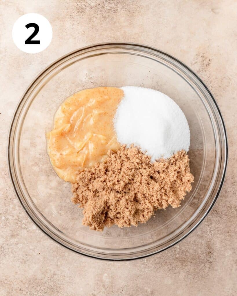 brown butter and sugars in mixing bowl.