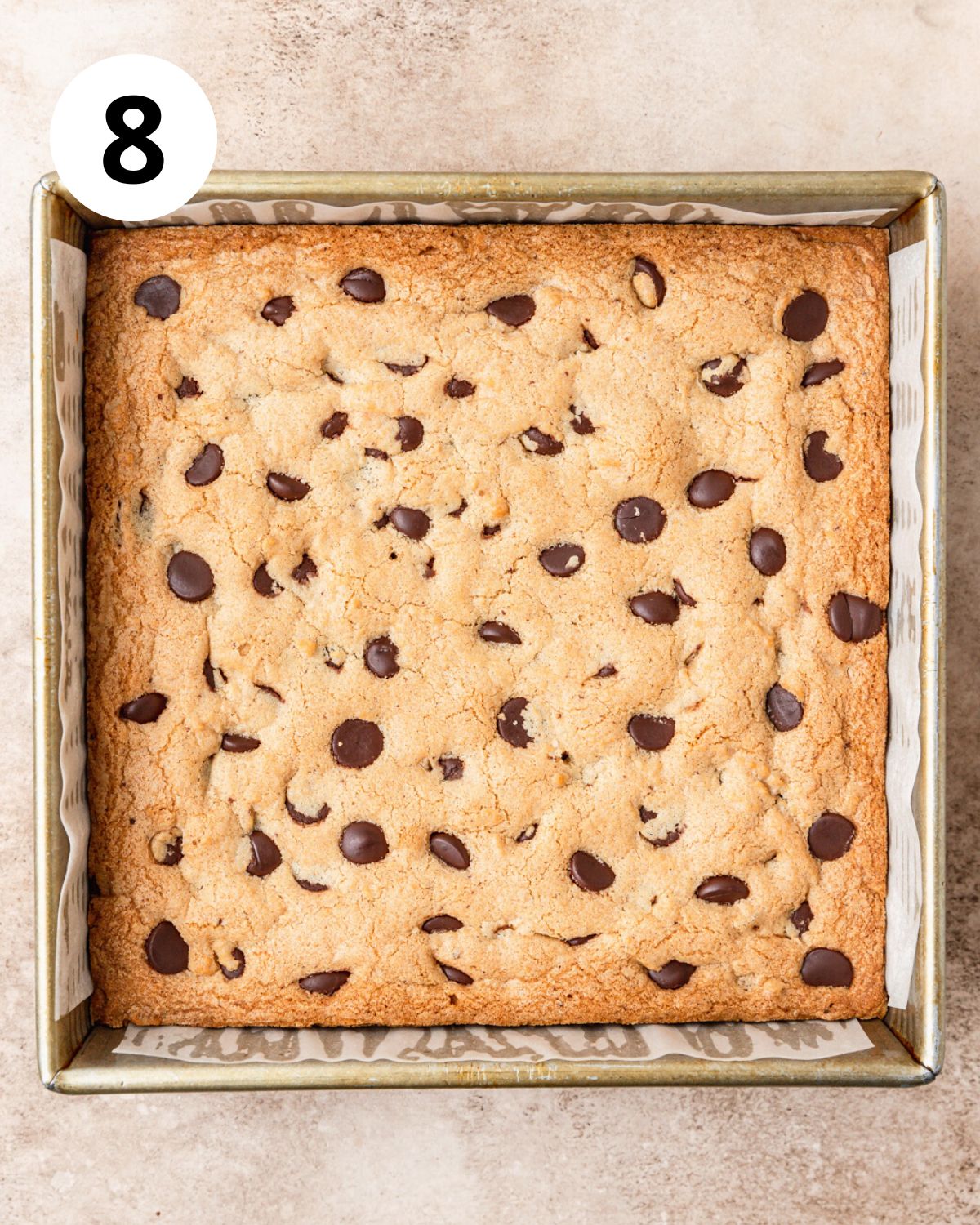 chocolate chip blondies cooling in pan.