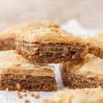 close up of almond walnut baklava.