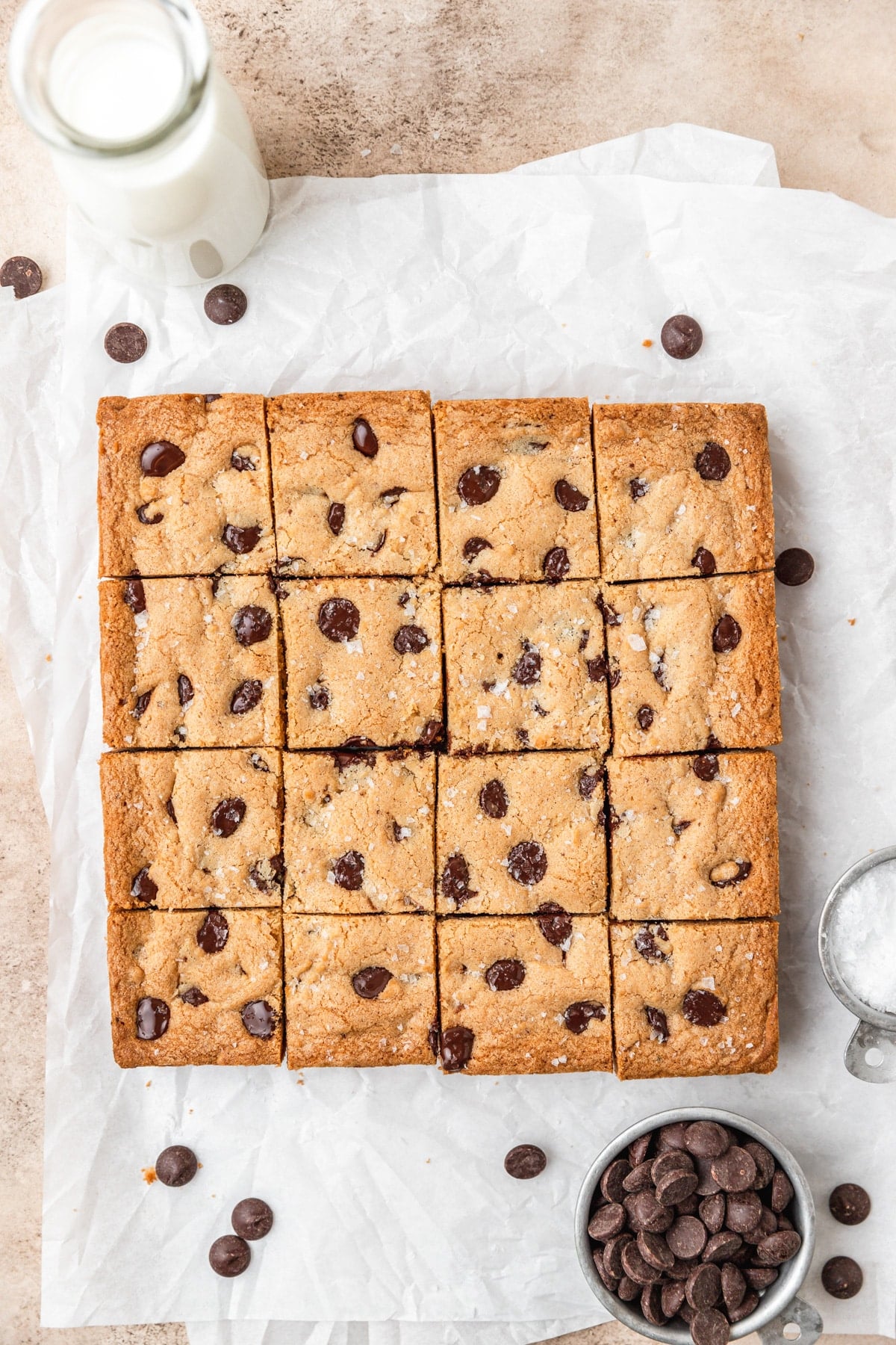 brown butter chocolate chip blondies cut into slices.