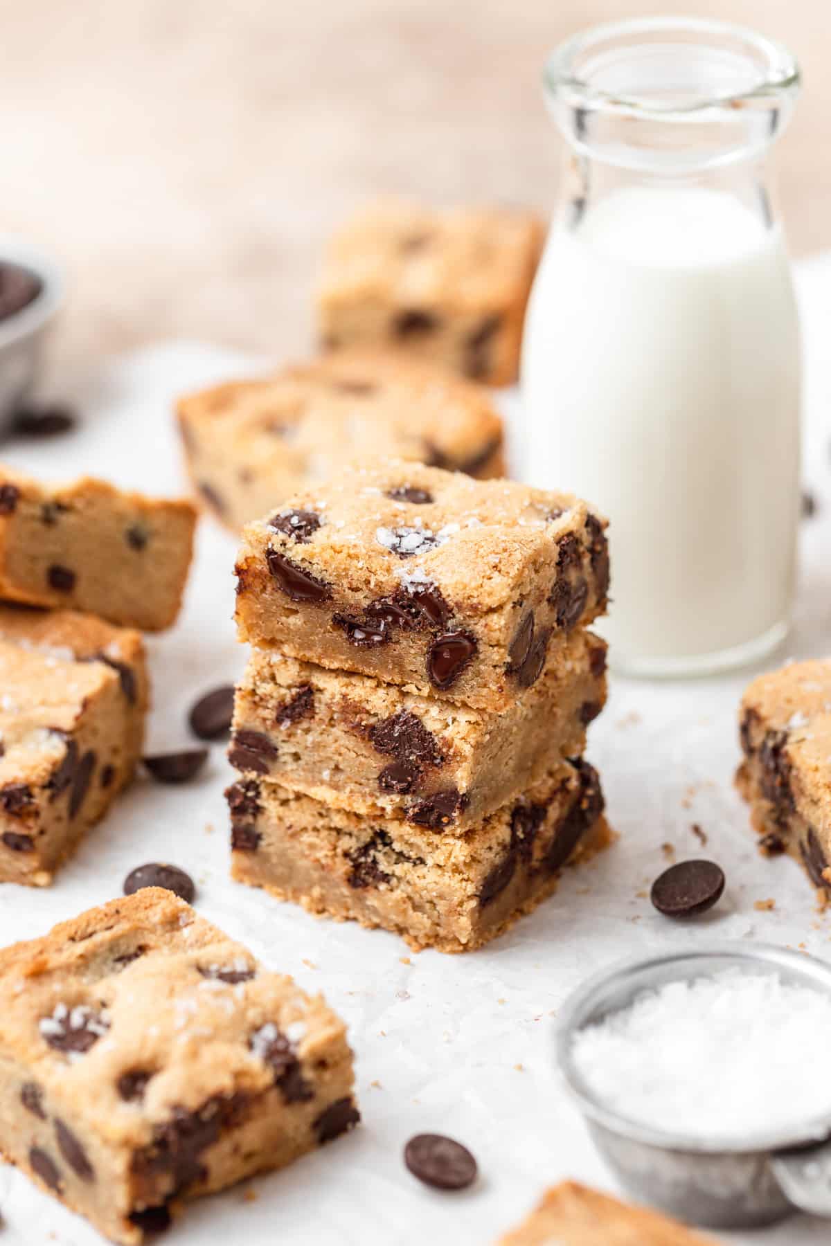 stack of chocolate chip blondie bars.