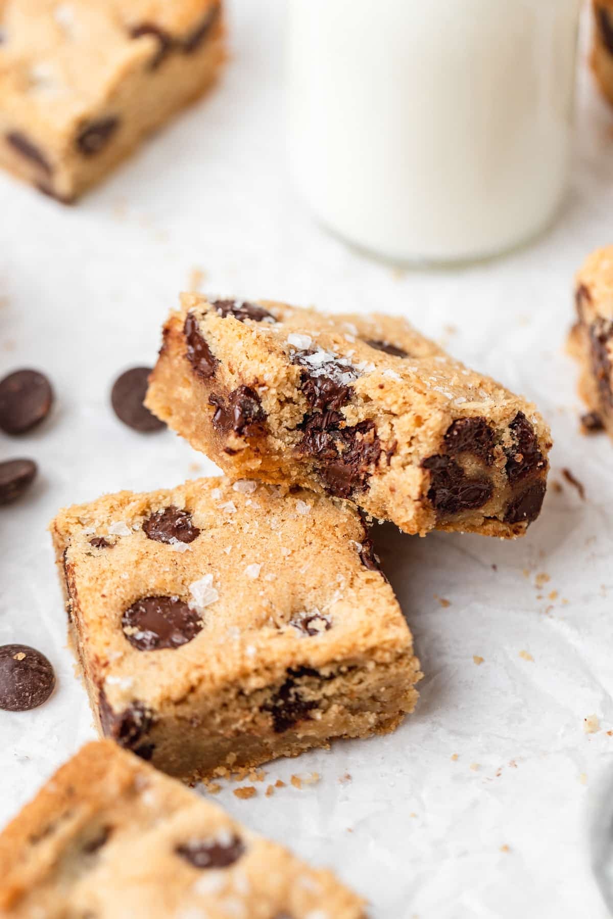 brown butter chocolate chip blondies with bite taken out.