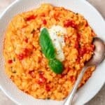 close up of calabrian chili risotto with mascarpone cheese.