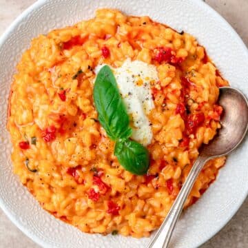 close up of calabrian chili risotto with mascarpone cheese.