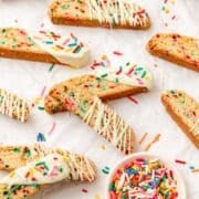 close up of funfetti biscotti with white chocolate.