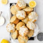 close up of lemon poppy seed muffins with lemon glaze.