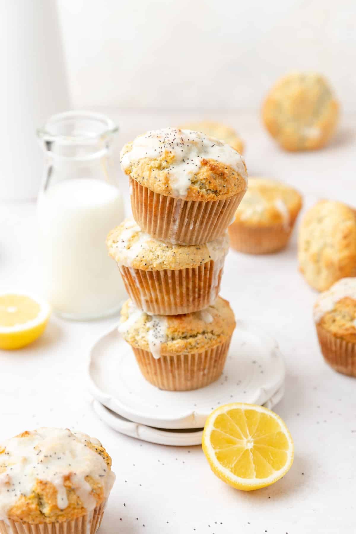 stack of lemon poppy seed muffins.