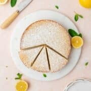 close up of lemon ricotta cake topped with powdered sugar.
