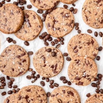 close up of slice and bake espresso chocolate chunk cookies.