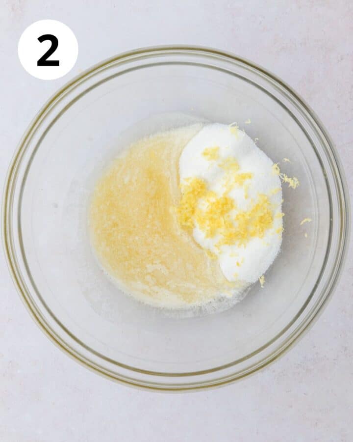 melted butter, sugar, and lemon zest in bowl.