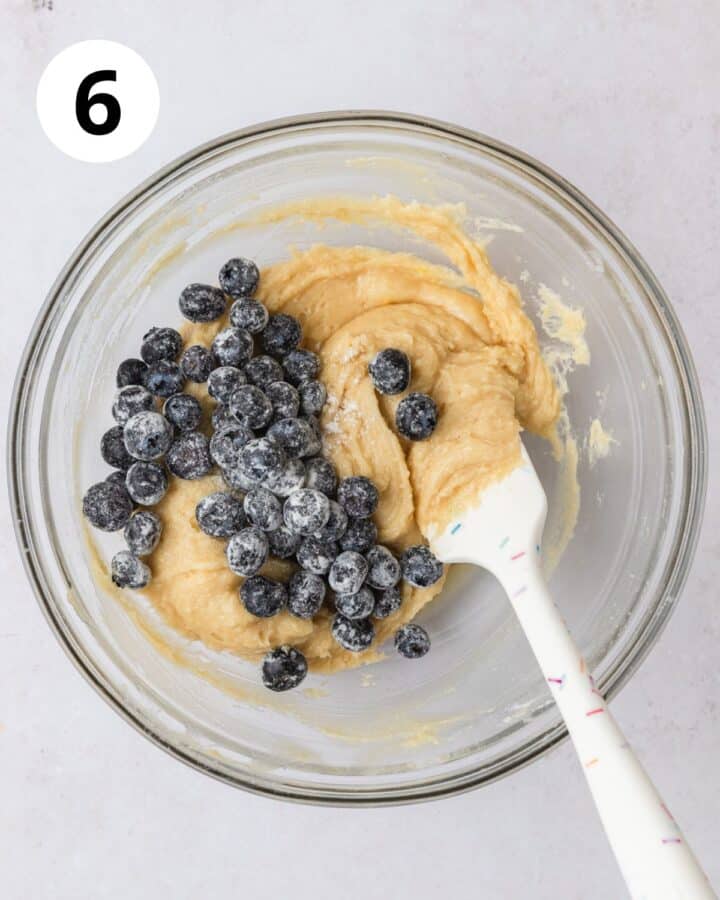 adding blueberries to muffin batter. 