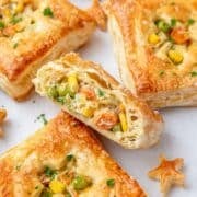 close up of chicken pot pie puff pastry tarts.